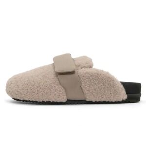 ROAM Fuzzy Loafer Mule Faux Shearling Cement Adjustable Strap Slip On Women 9